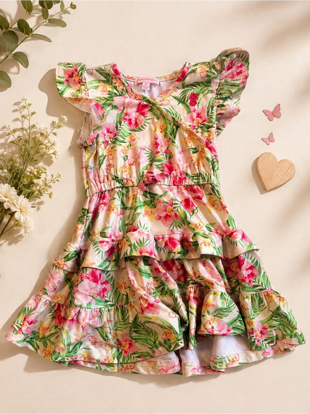 Floral Ruffle Tiered Girls Dress - Pink & Green